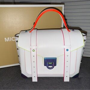 Michael Kors Manhattan Medium White Satchel- Neon Trim and Multicolor Hardware